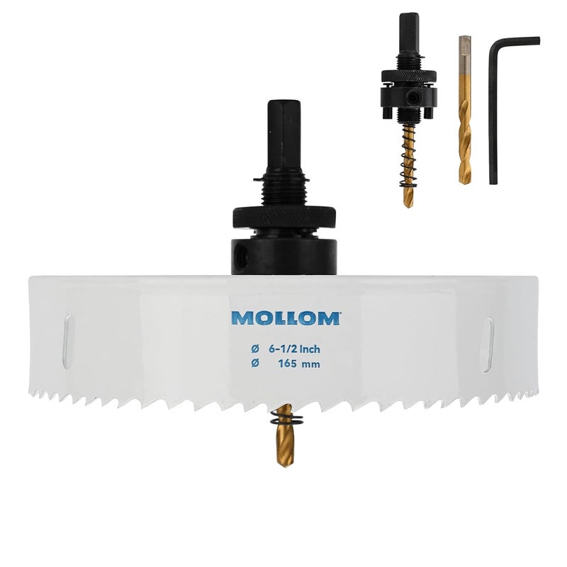 Mollom منشار ثقب ثنائي المعدن HSS M42 بقطر 165 مم | 6-1/2" مع 8% كوبالت مع 2 بت حفر وعمود لتقطيع سلس للـ PVC، الجبس، الخشب، البلاستيك، لوح الجبس، المطاط - Image 1